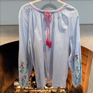 Crown & Ivy Blue and White Striped Top With Embroidered Sleeves Size 1X